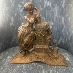 HTF Rare Antique Spelter Style Figural Clock Topper Victorian Girl Garden Flower